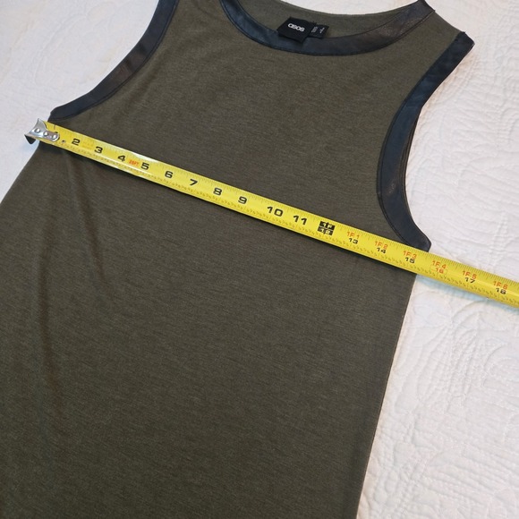 ASOS Tank Top Size 4 Olive Green Lightweight Faux Leather‎ Trim Side Slit - Picture 7 of 10